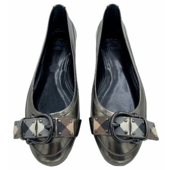 Burberry Shoes - SOLD Burberry Patent Novacheck Silver Buckle Flats
